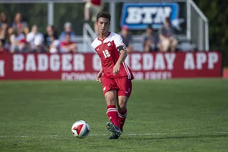 Isaac Schlenker (19) battles for the ball against Indiana.University of Wisconsin-Madison men's soccer team faces Indiana September 16, 2018 in Madison Wisconsin.Photo by Tom Lynn/Wisconsin Athletic Communications