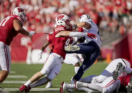 Wisconsin Badgers's Scott Nelson tackles BYU. University of Wisconsin-Madison football team faces BYU at Camp Randall Field, September 15, 2018 in Madison Wisconsin.Photo by Tom Lynn/Wisconsin Athletic Communications