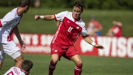 Charles Spragg (11) heads the ball against Indiana.University of Wisconsin-Madison men's soccer team faces Indiana September 16, 2018 in Madison Wisconsin.Photo by Tom Lynn/Wisconsin Athletic Communications