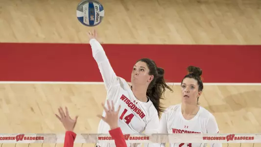 Madison Duello goes up for a kill against Ohio State