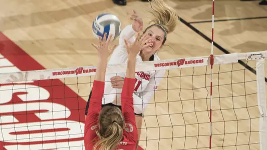 Grace Loberg attacks the ball against Ohio State
