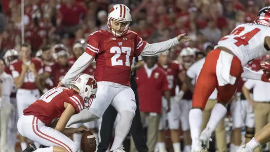 Wisconsin Badgers kicker Rafael Gaglianone (27) kicks a field goal during an NCAA college football game against the Western Kentucky Hilltoppers Friday, August 31, 2018, in Madison, Wisconsin. The Badgers won 34-3. (Photo by David Stluka)