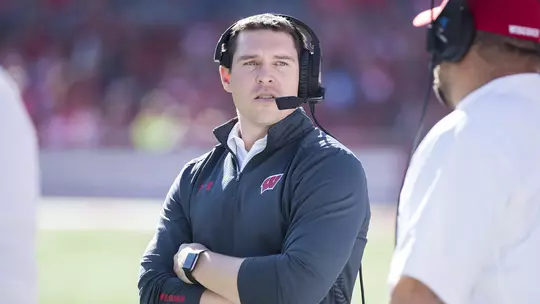 Wisconsin Badgers defensive coordinator Jim Leonhard during an NCAA Big Ten Conference football game against the Maryland Terrapins Saturday, October 21, 2017, in Madison, Wis. The Badgers won 38-13. (Photo by David Stluka)