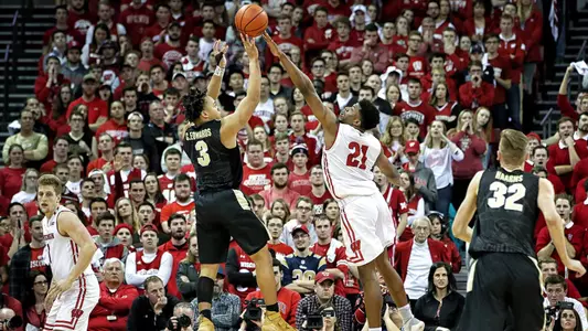 Khalil Iverson men's basketball defends a Purdue player at the Kohl Center 2017-18 season