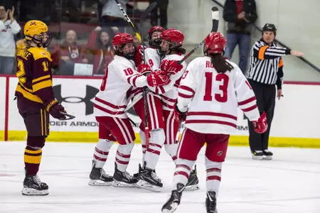 Wisconsin Badgers teammates celebrate a goal during an NCAA college women's hockey game against the Minnesota Golden Gophers Sunday October 28, 2018, in Madison, Wisc. The Badgers won 4-1. (Photo by David Stluka)