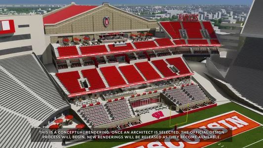 Camp Randall Stadium south end zone rendering with disclaimer text: This is a conceptual rendering. Once an architect is selected, the official design process will begin. New renderings will be released as they become available.