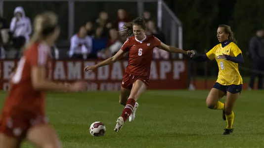 Wisconsin BadgersÕ Grace Douglas (6) kicks the ball during an NCAA soccer match against Michigan on Thursday October 3, 2019 in Madison, Wisconsin.Photo by Tom Lynn/Wisconsin Athletic Communications