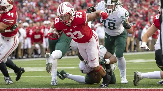 Wisconsin Badgers Jonathan Taylor during an NCAA Big Ten Conference college football game against the Michigan State Spartans Saturday, Oct. 12, 2019, in Madison, Wis. (Photo by David Stluka/Wisconsin Athletic Communications)
