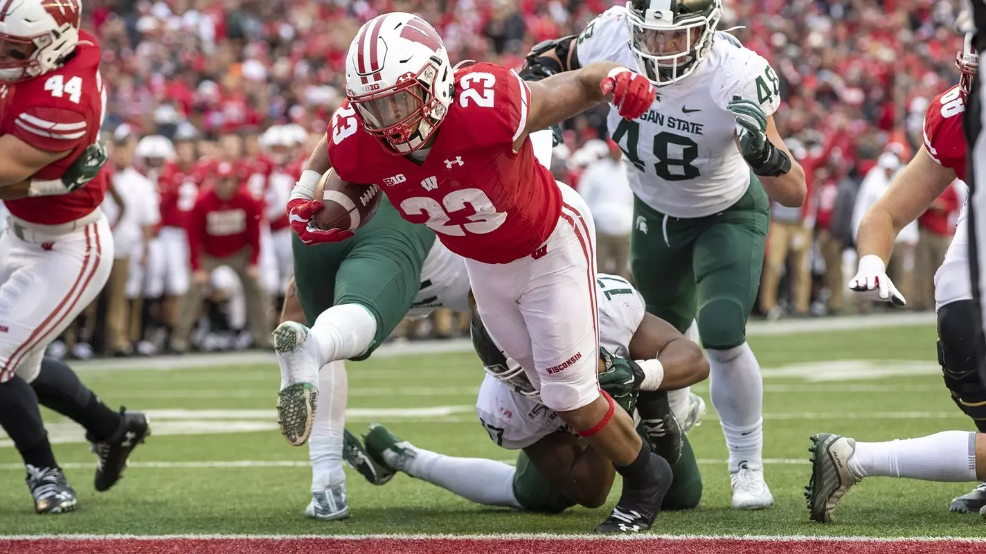 Wisconsin Badgers Jonathan Taylor during an NCAA Big Ten Conference college football game against the Michigan State Spartans Saturday, Oct. 12, 2019, in Madison, Wis. (Photo by David Stluka/Wisconsin Athletic Communications)