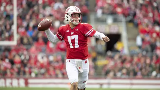 Wisconsin Badgers Jack Coan during an NCAA Big Ten Conference college football game against the Michigan State Spartans Saturday, Oct. 12, 2019, in Madison, Wis. (Photo by David Stluka/Wisconsin Athletic Communications)