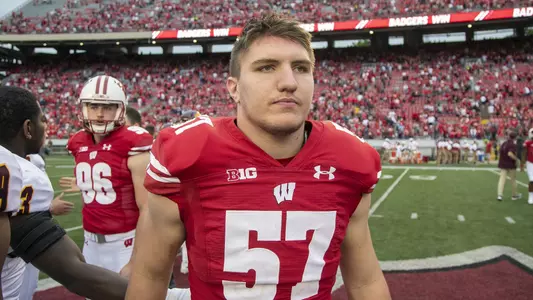 Wisconsin Badgers linebacker Jack Sanborn (57) during an NCAA college football game against Central Michigan Chippewas Saturday, Aug. 7, 2019, in Madison, Wis. The Badgers won 61-0. (Photo by David Stluka/Wisconsin Athletic Communications)