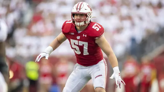 Wisconsin Badgers linebacker Jack Sanborn (57) during an NCAA Big Ten Conference college football game against the Michigan Wolverines Saturday, Sept. 21, 2019, in Madison, Wis. The Badgers won 35-14. (Photo by David Stluka/Wisconsin Athletic Communications)