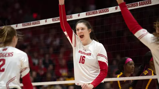 Dana Rettke celebrates during a match in the UW Field House.