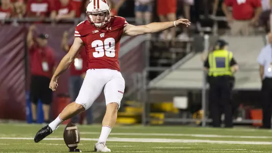 Wisconsin Badgers kicker Zach Hintze (39) kicks off during an NCAA college football game against the Western Kentucky Hilltoppers Friday, August 31, 2018, in Madison, Wisconsin. The Badgers won 34-3. (Photo by David Stluka)