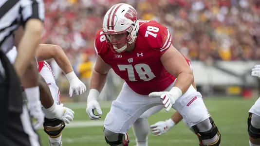 Wisconsin Badgers offensive lineman Jason Erdmann (78) during an NCAA college football game against Central Michigan Chippewas Saturday, Aug. 7, 2019, in Madison, Wis. The Badgers won 61-0. (Photo by David Stluka/Wisconsin Athletic Communications)