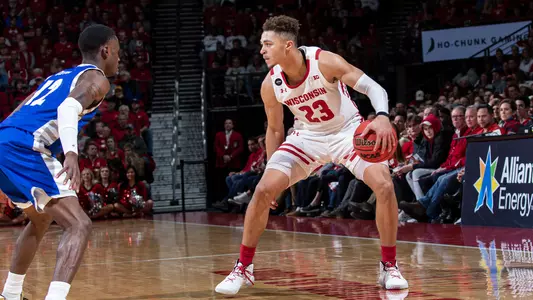 Kobe King surveys the court during a game vs. Eastern Illinois