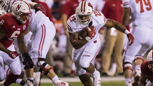 Wisconsin Badgers Jonathan Taylor during an NCAA College Football Big Ten Conference game against the Nebraska Cornhuskers Saturday, October 7, 2017, in Lincoln, Neb. The Badgers won 38-17. (Photo by David Stluka)