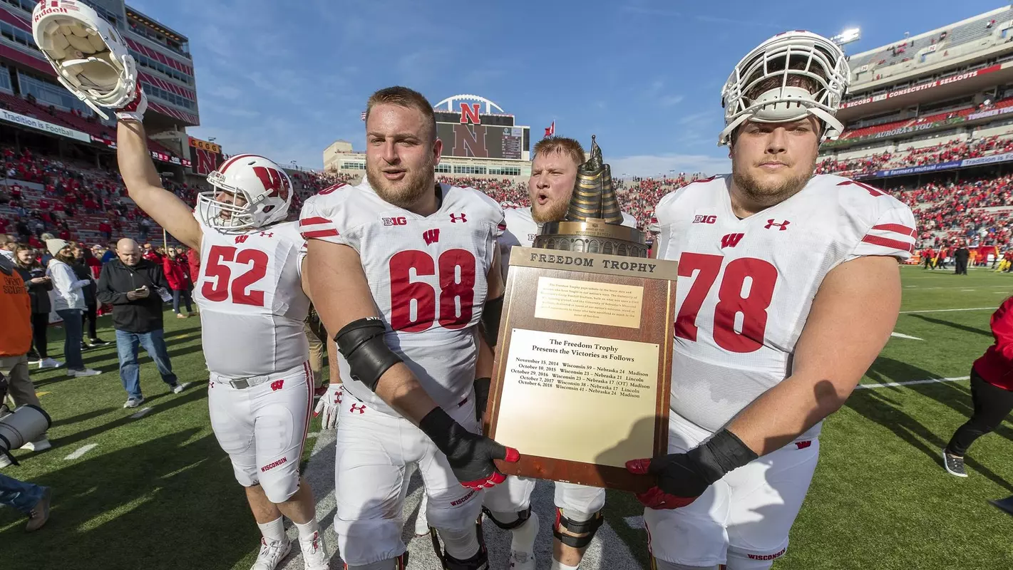 Wisconsin Badgers carry the Freedom Trophy during an NCAA Big Ten Conference college football game against the Nebraska Cornhuskers Saturday, Nov. 16, 2019, in Lincoln, Neb. (Photo by David Stluka/Wisconsin Athletic Communications)