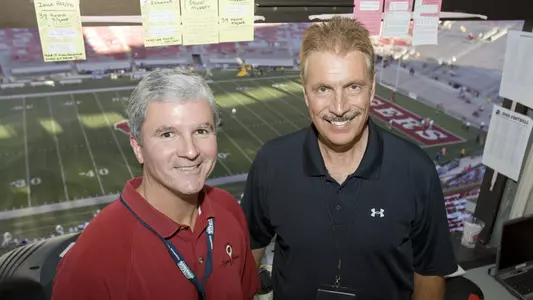 The radio team of the Wisconsin Badgers Matt Lepay, left, and Mike Lucas pose in the radio booth prior to the game against the Iowa Hawkeyes at Camp Randall Stadium on September 22, 2007 in Madison, Wisconsin. The Badgers beat the Hawkeyes 17-13. (Photo by David Stluka)