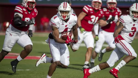 Wisconsin Badgers wide receiver A.J. Taylor (4) scores a touchdown during an NCAA Big Ten Conference college football game against the Nebraska Cornhuskers Saturday, Nov. 16, 2019, in Lincoln, Neb. (Photo by David Stluka/Wisconsin Athletic Communications)