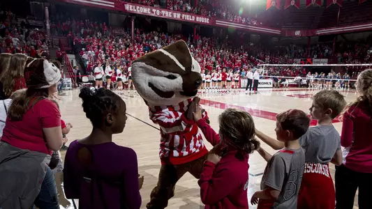 Bucky Badger greets fans as the Wisconsin Badgers' team enters the court before an NCAA Volleyball match against Penn State on Saturday September 28, 2019 in Madison, Wisconsin.Photo by Tom Lynn/Wisconsin Athletic Communications