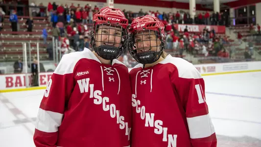 Grace and Sophie Shirley during an NCAA college women’s hockey game against the Penn State Nittany Lions Friday, Oct. 4, 2019, in Madison, Wis. The Badgers won 7-0. (Photo by David Stluka/Wisconsin Athletic Communications)