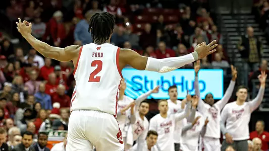 Aleem Ford celebrates a 3 during a game vs. Green Bay