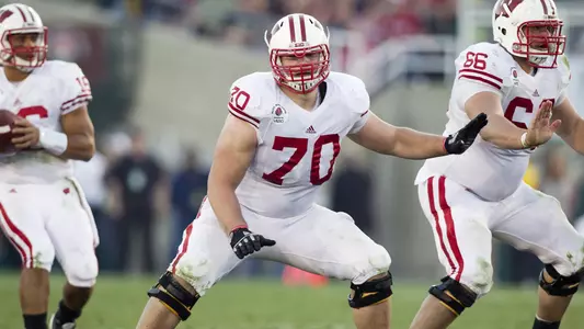 Wisconsin Badgers offensive lineman Kevin Zeitler (70) and Peter Konz (77) during the 2012 Rose Bowl NCAA football game against the Oregon Ducks in Pasadena, California on January 2, 2012. The Ducks won 45-38. (Photo by David Stluka)