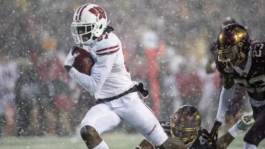 Wisconsin Badgers Quintez Cephus during an NCAA Big Ten Conference college football game against the Minnesota Golden Gophers Saturday, Nov. 30, 2019, in Minneapolis. The Badgers won 38-17. (Photo by David Stluka/Wisconsin Athletic Communications)