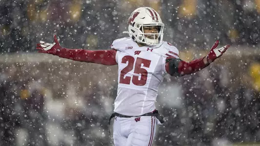 Wisconsin Badgers defensive back Eric Burrell (25) during an NCAA Big Ten Conference college football game against the Minnesota Golden Gophers Saturday, Nov. 30, 2019, in Minneapolis. The Badgers won 38-17. (Photo by David Stluka/Wisconsin Athletic Communications)