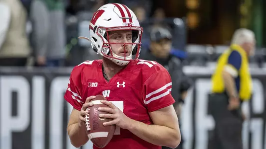 Wisconsin Badgers Jack Coan prior to the NCAA Big Ten Championship college football game against the Ohio State Buckeyes Saturday, Dec. 7, 2019, in Indianapolis. (Photo by David Stluka/Wisconsin Athletic Communications)