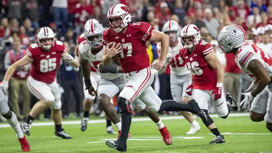 Wisconsin Badgers Jack Coan during an NCAA Big Ten Championship college football game against the Ohio State Buckeyes Saturday, Dec. 7, 2019, in Indianapolis. (Photo by David Stluka/Wisconsin Athletic Communications)