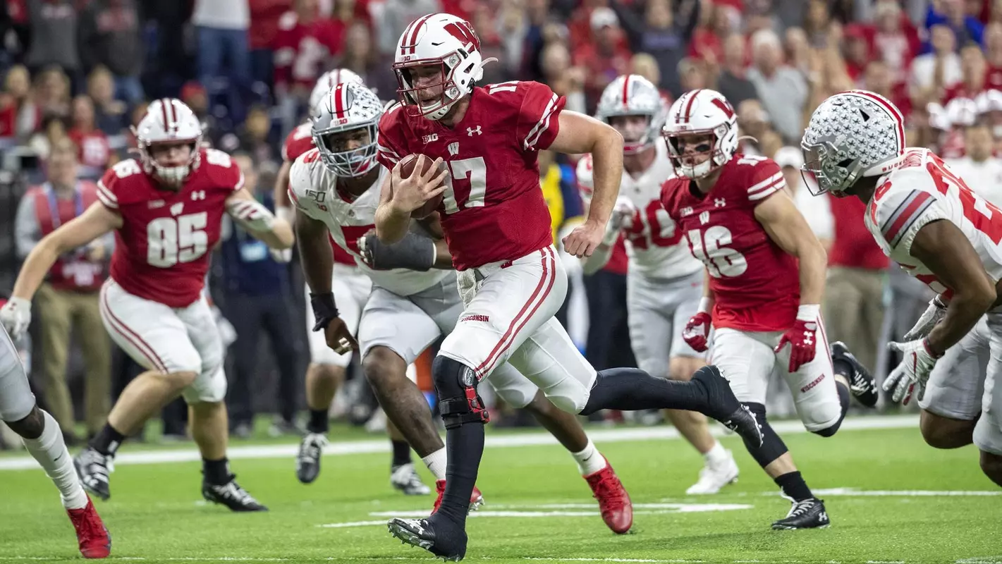 Wisconsin Badgers Jack Coan during an NCAA Big Ten Championship college football game against the Ohio State Buckeyes Saturday, Dec. 7, 2019, in Indianapolis. (Photo by David Stluka/Wisconsin Athletic Communications)