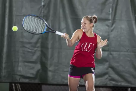 Wisconsin Badgers women's tennis player Melissa Pick hitting at the Nielsen Tennis Center Monday, November 5, 2018 (Photo by David Stluka)