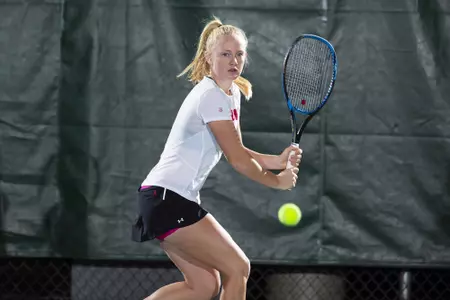 Wisconsin Badgers women's tennis player Lexi Keberle hitting at the Nielsen Tennis Center Monday, November 5, 2018 (Photo by David Stluka)