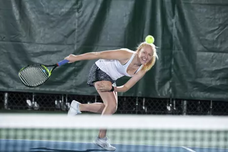 Wisconsin Badgers women's tennis player Maryann Rompf hitting at the Nielsen Tennis Center Monday, November 5, 2018 (Photo by David Stluka)