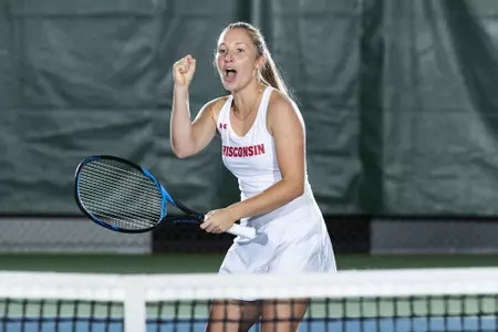 Wisconsin Badgers women's tennis player Melissa Pick hitting at the Nielsen Tennis Center Monday, November 5, 2018 (Photo by David Stluka)