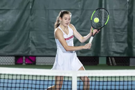 Wisconsin Badgers women's tennis player Ava Markham hitting at the Nielsen Tennis Center Monday, November 5, 2018 (Photo by David Stluka)