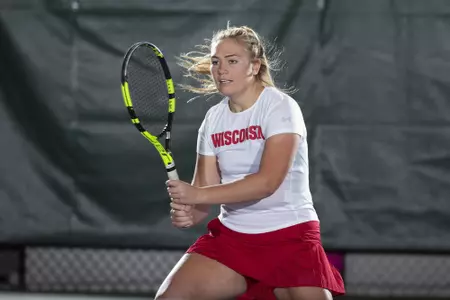 Wisconsin Badgers women's tennis player Christina Zordani hitting at the Nielsen Tennis Center Monday, November 5, 2018 (Photo by David Stluka)