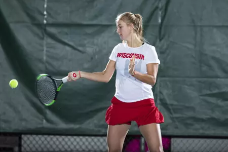 Wisconsin Badgers women's tennis player Anna Makarova hitting at the Nielsen Tennis Center Monday, November 5, 2018 (Photo by David Stluka)