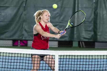Wisconsin Badgers women's tennis player Maryann Rompf hitting at the Nielsen Tennis Center Monday, November 5, 2018 (Photo by David Stluka)