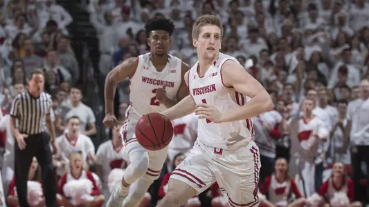 Brevin Pritzl and Aleem Ford running down the court for men's basketball vs. Maryland at Kohl Center on Friday, Feb. 1, 2019