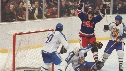 Mark Johnson celebrates a goal against Finland during the 1980 men's hockey Olympics gold medal game