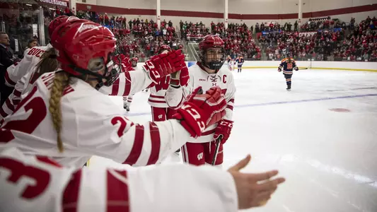 Wisconsins' forward Annie Pankowski (C) (19) scores a goal against Syracuse in the second period.The University of Wisconsin-Madison women's hockey team host the NCAA Quarterfinal against Syracuse at the LaBahn Center in Madison, WI March 16, 2019.Photo by Tom Lynn/Wisconsin Athletic Communications