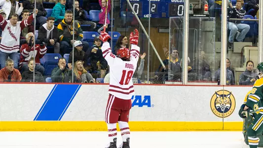 Abby Roque celebrates after scoring a goal against Clarkson