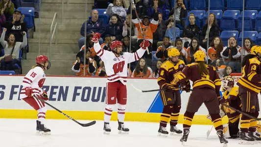 Sophia Shaver celebrates her goal during 2019 NCAA women's hockey national championship match vs. Minnesota