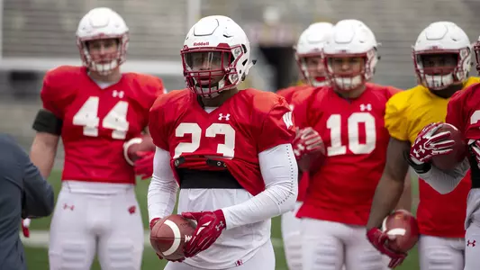 Wisconsins' running back Jonathan Taylor (23) takes part in drills during an NCAA football practice on Saturday April 13, 2019 in Madison Wisconsin. Photo by Tom Lynn/Wisconsin Athletic Communications