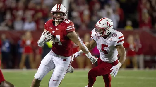 Wisconsin Badgers tight end Jake Ferguson (84) runs the ball during the game against Nebraska. The Wisconsin Badgers host Nebraska at Camp Randall Stadium on October 6, 2018 in Madison Wisconsin.Photo by Tom Lynn/Wisconsin Athletic Communications