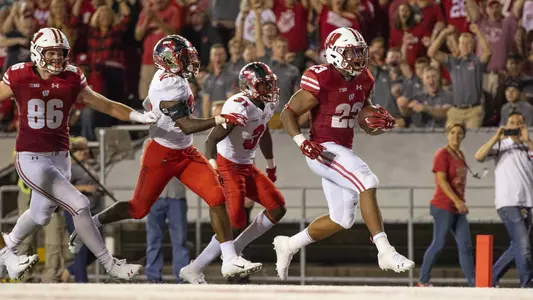 Wisconsin Badgers running back Jonathan Taylor (23) scores a touchdown during an NCAA college football game against the Western Kentucky Hilltoppers Friday, August 31, 2018, in Madison, Wisconsin. The Badgers won 34-3. (Photo by David Stluka)