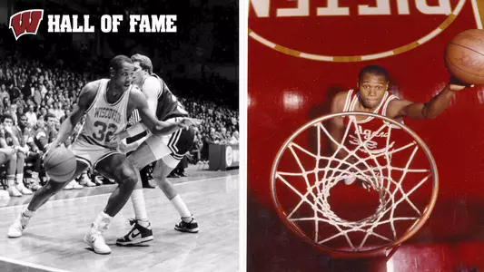 Trent Jackson men's basketball with UW hall of fame text